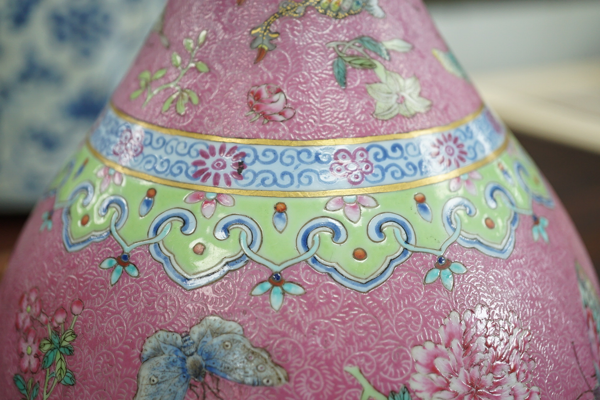 A Chinese pink-ground sgraffito pear-shaped vase, yuhuchunping, Daoguang six character seal mark and of the period (1821-50)